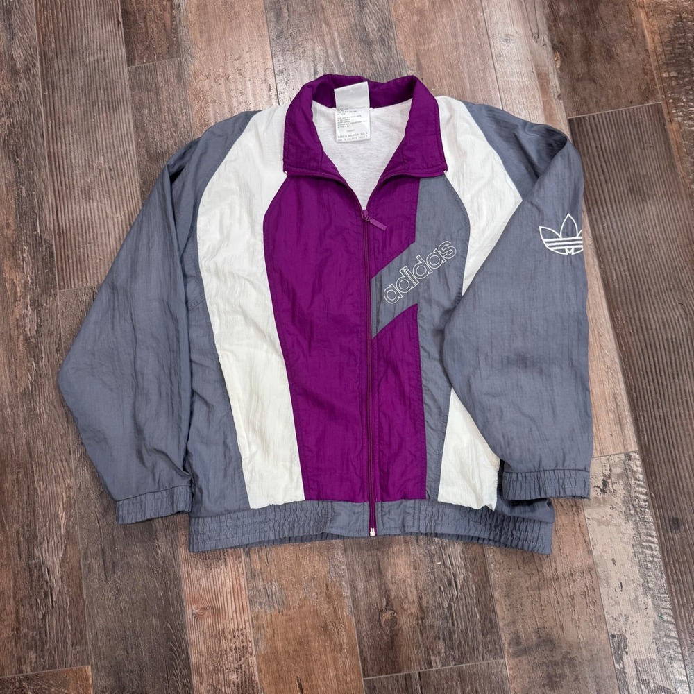 Vintage Adidas Windbreaker Jacket Purple Grey White Trefoil 90s Mens Small